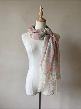 Ralph Lauren Collection Silk Chiffon Lace Trim Scarf Georgia Pink Plaid | 66”